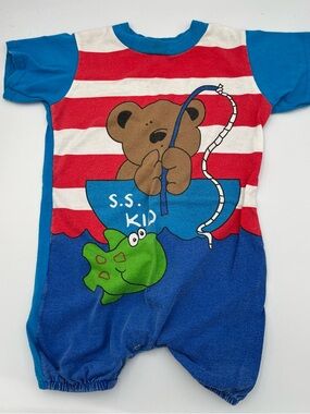 Vintage 80s Wee Works 3T Romper One Piece Bear Fishing Blue Made in USA
